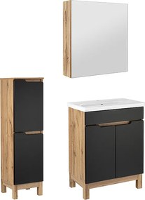 Zestaw Łazienkowy 60cm 2D Alma Półsłupek Szafka z Lustrem Dąb Wotan / Czarny Mat