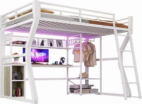 Łóżko piętrowe dla dzieci - 140 x 200 cm - rama żeliwna - z diodami LED + biurko + schowek + półki - płyta MDF + metal - białe