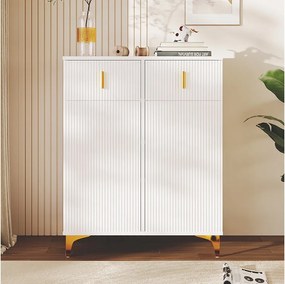 Biała szafka na buty z szufladami, teksturowanymi drzwiami, regulowanymi półkami oraz złotymi uchwytami i nóżkami