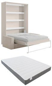 Łóżko chowane w szafie 140 x 200 cm - Otwierane pionowo manualnie - Z oświetleniem LED - Beżowe + Materac + Kanapa - RAPILI