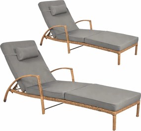 Zestaw 2 leżaków ogrodowych technorattan Ravello XL2505, naturalny, poduszki szare