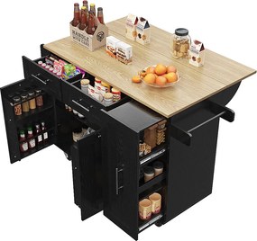 Mobilna wyspa kuchenna z 2 drzwiami, 3 szufladami i wieszakiem na ręczniki - Rozkładany blat - 134,5 x 46/74 x 90,5 cm - MDF - Czarny