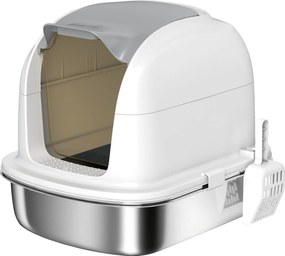 PawHut Kuweta ze stali nierdzewnej z pokrywą, toaleta dla kota z wanną, łopatka do żwirku, dla kota do 5 kg, 52,4 x 41,3 x 42 cm, Biały | Aosom PL