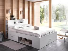 Łóżko ze schowkiem i szufladami - 160 x 200 cm - Kolory: biały + Stelaż + materac - LEANDRE