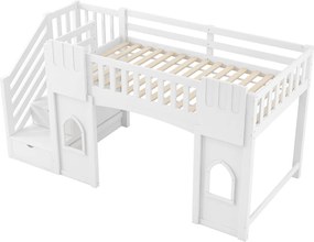 Łóżko na antresoli 90x200 cm - Ze schodkami z miejscem do przechowywania - Z dekoracyjnymi oknami - Z barierką zabezpieczającą - MDF - Biały
