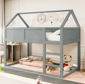 Łóżko piętrowe 90x200 cm - Łóżko dziecięce ze schodkami i barierką - Drewno - Szare