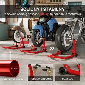 HOMCOM Stojak Motocyklowy Zestaw do Przedniego/Tylniego Koła Podnośnik Motocyklowy do 544 kg Stalowy Czerwony