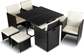 Zestaw mebli ogrodowych z fotelami i pufami Seaside, czarny technorattan, kremowe poduszki