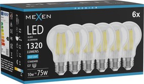 Mexen Vintis 6x żarówka filament LED E27, A60, 10W, Zimna - 6500K, 1320 lm, clear - L150-E27-1065-00x06