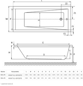 Wanna prostokątna mała 130 x 70 cm biała do zabudowy ELEGA MINI
