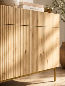Komoda czterodrzwiowa Nicole 200 cm z szufladami - biały / dąb artisan / złote nóżki