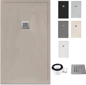 Brodzik żywiczny z rantem, ultracienki i antypoślizgowy z zaworem i kratką | Tekstura kamienia | Moka | 70 X 130 cm