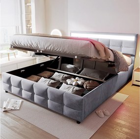 Łóżko z pojemnikiem 180x200 cm z oświetleniem LED, stelaż listwowy - szary welur - bez materaca