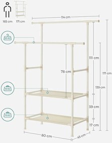 Kremowy wieszak stojak na ubrania z 2 półkami - Vioria