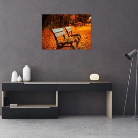 Obraz na szkle - ławka jesienią (70x50 cm)