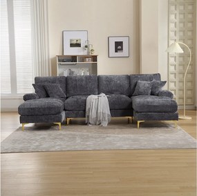 Sofa w kształcie litery U, szary szenil, tapicerowana sofa z poduszkami i 2 poduszkami dekoracyjnymi, odpowiednia do salonu i sypialni