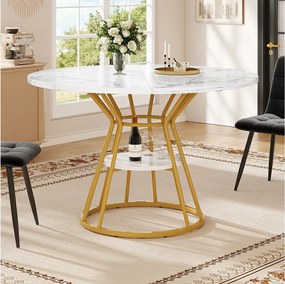 Okrągły stół jadalny - 100 x 100 x 76 cm - ze schowkiem - wzór marmuru - MDF + Metal - złoty