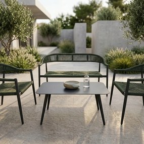 Zestaw mebli ogrodowych ciemnozielony, szara rama, ławka, 2 krzesła, stolik