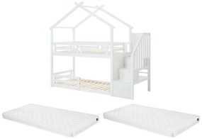 Łóżko piętrowe domek 90 x 190 cm - Sosna i MDF + Materac - Biały - TALETY