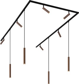 Nowoczesny system oświetlenia szynowego Slimline Uzzy Keno z 6 reflektorami i 4 lampami wiszącymi, ciemny brąz, 1-fazowy