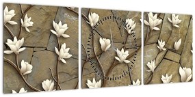 Obraz - Białe magnolie na murze kamiennym (z zegarem) (90x30 cm)