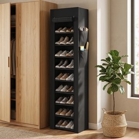 HOMCOM Regał na buty z metalu z materiałowym pokryciem chroniącym przed kurzem, do 20 par butów, 45 x 30 x 175 cm, Czarny | Aosom PL