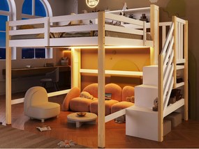 Łóżko na antresoli 140x200cm - z oświetleniem LED - z drabiną z pojemnikami - Biały + Naturalny​ (materac nie jest wliczony w cenę)