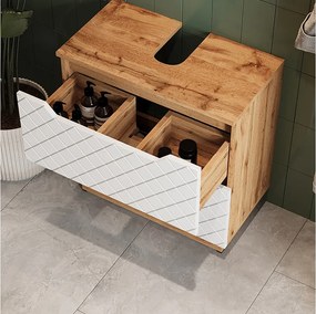 Szafka na wannę dąb/biały ze strukturą płytek 59.8x32x62.5 lotta