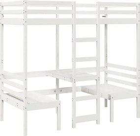 Białe piętrowe łóżko z biurkiem i krzesłami na dole 75x190 E7-H59
