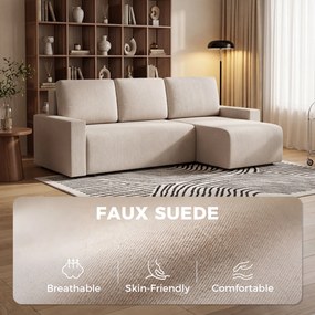 HOMCOM Narożnik z funkcją spania i odwracalnym szezlongiem, 3-osobowa sofa w kształcie L z efektem sztucznego zamszu, beżowy | Aosom PL