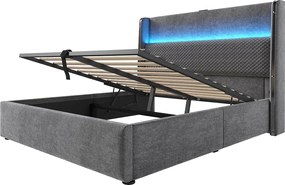Łóżko z pojemnikiem 140 x 200 cm - Łóżko dla dorosłych z oświetleniem LED i portami USB/Type-C - len w kolorze szarym - materac nie jest wliczony w cenę