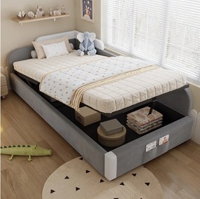 Łóżko z pojemnikiem 90 x 200 cm - Łóżko pojedyncze z prawym panelem bocznym - Szary aksamit - materac nie jest wliczony w cenę