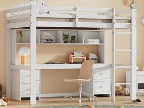 Łóżko mezzanine 90x200cm - z biurkiem i 2 komodami - z litego sosnowego drewna i MDF - Białe