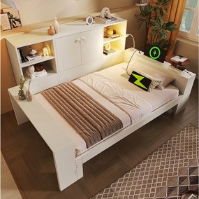 Łóżko dziecięce - 90 x 200 cm - z wysuwanym łóżkiem 90 x 190 cm + półka + port USB - MDF - białe