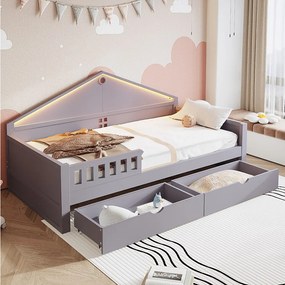 Łóżko pojedyncze dla dzieci - 90 x 200 cm - z oświetleniem LED + 2 szuflady + stelaż - drewno + MDF - szare