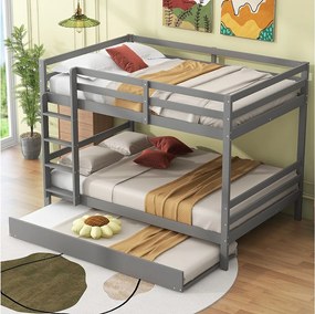 Łóżka piętrowe 140 x 200 cm z łóżkiem wysuwanym 90 x 200 cm - barierka i schody - drewno MDF - szare