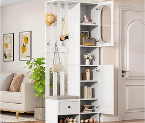 Zestaw przedpokojowy 85×33,5×200 cm - 2 drzwi i 1 szuflada - z ławką na buty i poduszką - 6 wieszaków - Biały