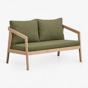 Sofa Dwuosobowa Z Drewna Akacjowego Kaela Jasny Akacjowy Brąz & Bukla Szałwiowa Zieleń - Sklum