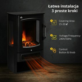 HOMCOM Elektryczny Kominek z Realistycznymi Płomieniami, 2 Poziomy Ogrzewania, Ochrona przed Przegrzaniem, Stal, Czarny, 44,5 x 32 x 74cm