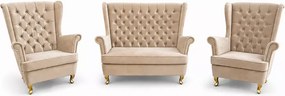 Komplet sofa uszak 2-os + 2 fotele głębokie pikowanie glamour