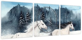 Obraz malowanych koni (z zegarem) (90x30 cm)