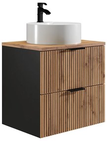 Wisząca szafka łazienkowa z prążkowanym frontem i okrągłą umywalką nablatową – jasny naturalny/ czarny – 60 cm – MADELA