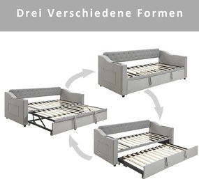 Leżanka 90/180 x 190 cm - szary aksamit - łóżko dla dorosłych z funkcją ładowania przez USB - stelaż z listew - bez materaca