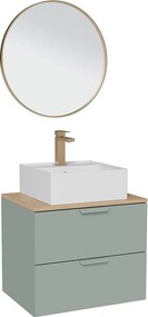 Wisząca szafka łazienkowa z umywalką wpuszczaną w blat kwadratową, baterią i lustrem – Migdałowa zieleń – S60 cm – AVORELI