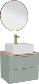 Wisząca szafka łazienkowa z umywalką wpuszczaną w blat kwadratową, baterią i lustrem – Szałwiowa zieleń – S60 cm – AVORELI