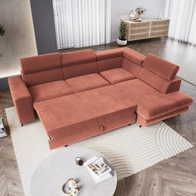 Masseno Narożnik VELISS z funkcją spania i pojemnikiem na pościel Narozniki L, Rozkładana sofa - Koralowy, CASTEL 55