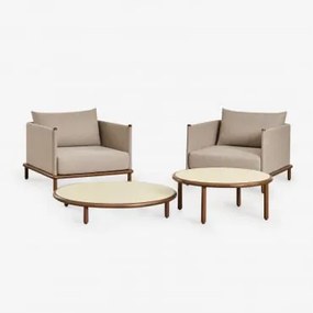 Zestaw Do Salonu Z 2 Fotelami I 2 Okrągłymi Stolikami Kawowymi Z Drewna Akacjowego Olivia Kremowa Semoline & Ciemny Akacjowy Brąz - Sklum