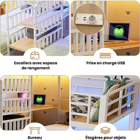 Łóżko piętrowe dla 3 osób - 3 x 90 x 200 cm - z diodami LED + 2 porty USB + gniazdko elektryczne + biurko + drabinka ze schowkiem - metalowe - białe
