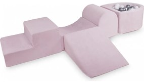 Piankowy zestaw do zabawy z suchym basenem 57x45x30cm/100 piłek 7cm, plac zabaw dla dziecka, 5 elementów, welurowy, jasnoróżowy, piłki: pastelowy róż, transparentne, białe - meowbaby®