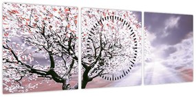 Czerwony obraz drzewa (z zegarem) (90x30 cm)